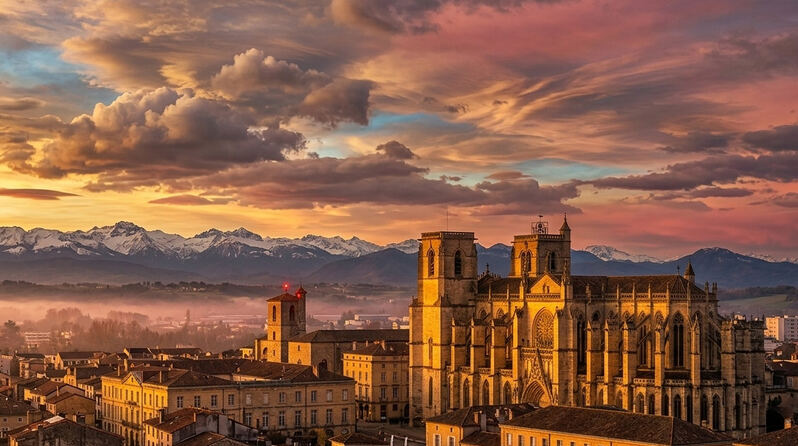 La cathédrale Sainte-Marie d'Auch au coucher du soleil, Pyrénées en toile de fond — consultant stratégie PME Gers