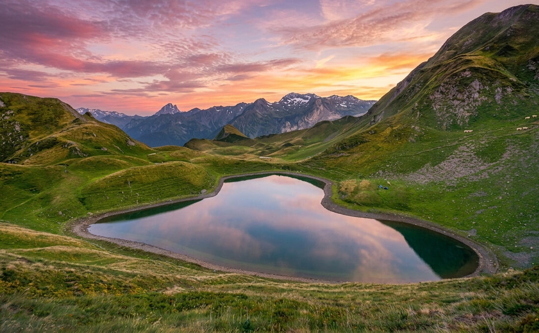 Lac de Montagnon en forme de cœur au coucher du soleil, vallée d'Ossau